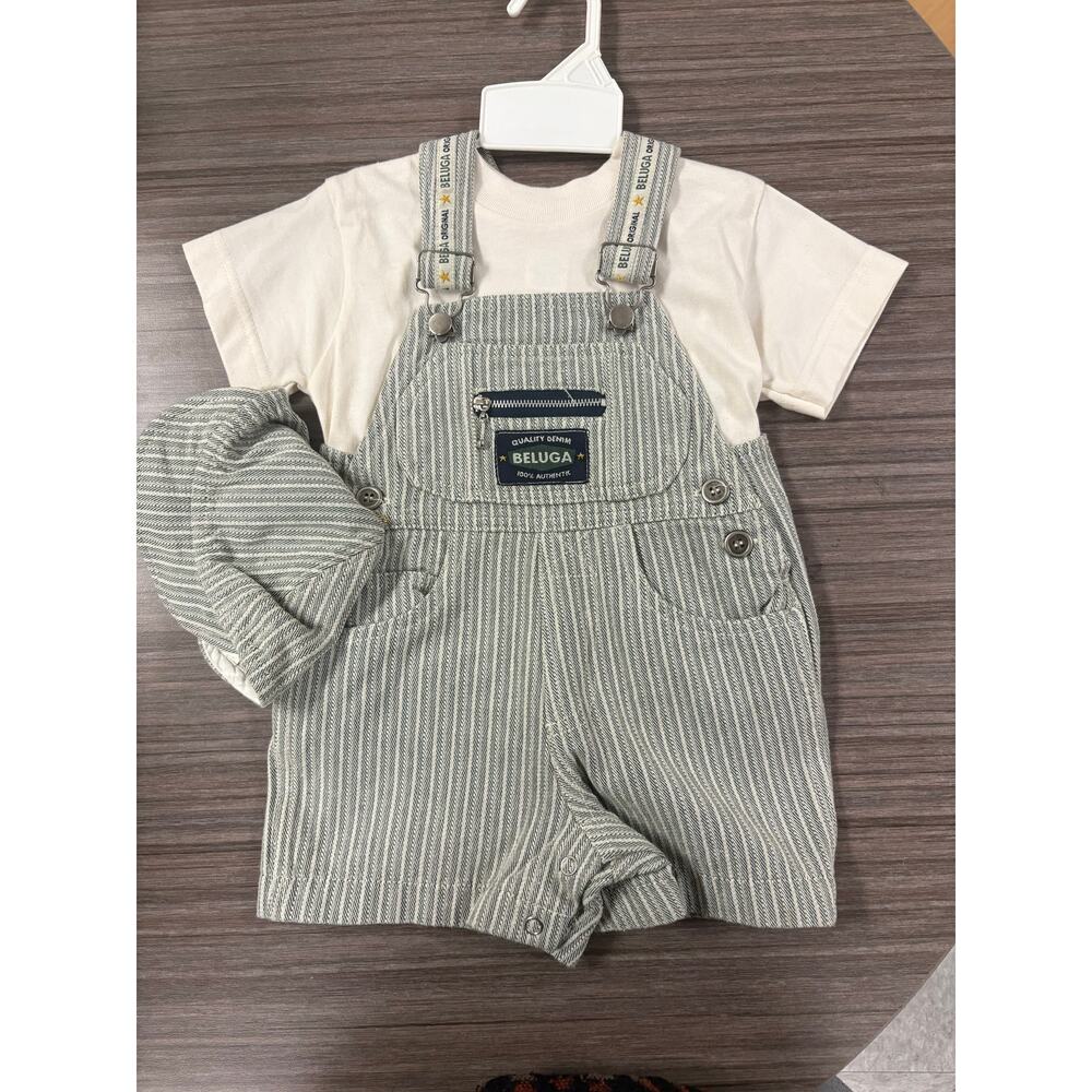 Vintage Beluga Baby Denim Overall Set w/ Hat & Shirt – Striped Shortalls 12m